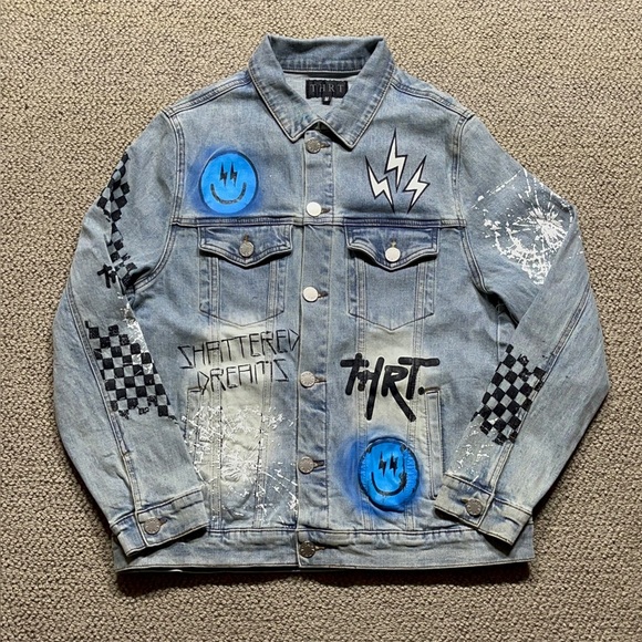Graphic Denim Jacket with Blue and Black Accents heavyweight high quality - Picture 1 of 5